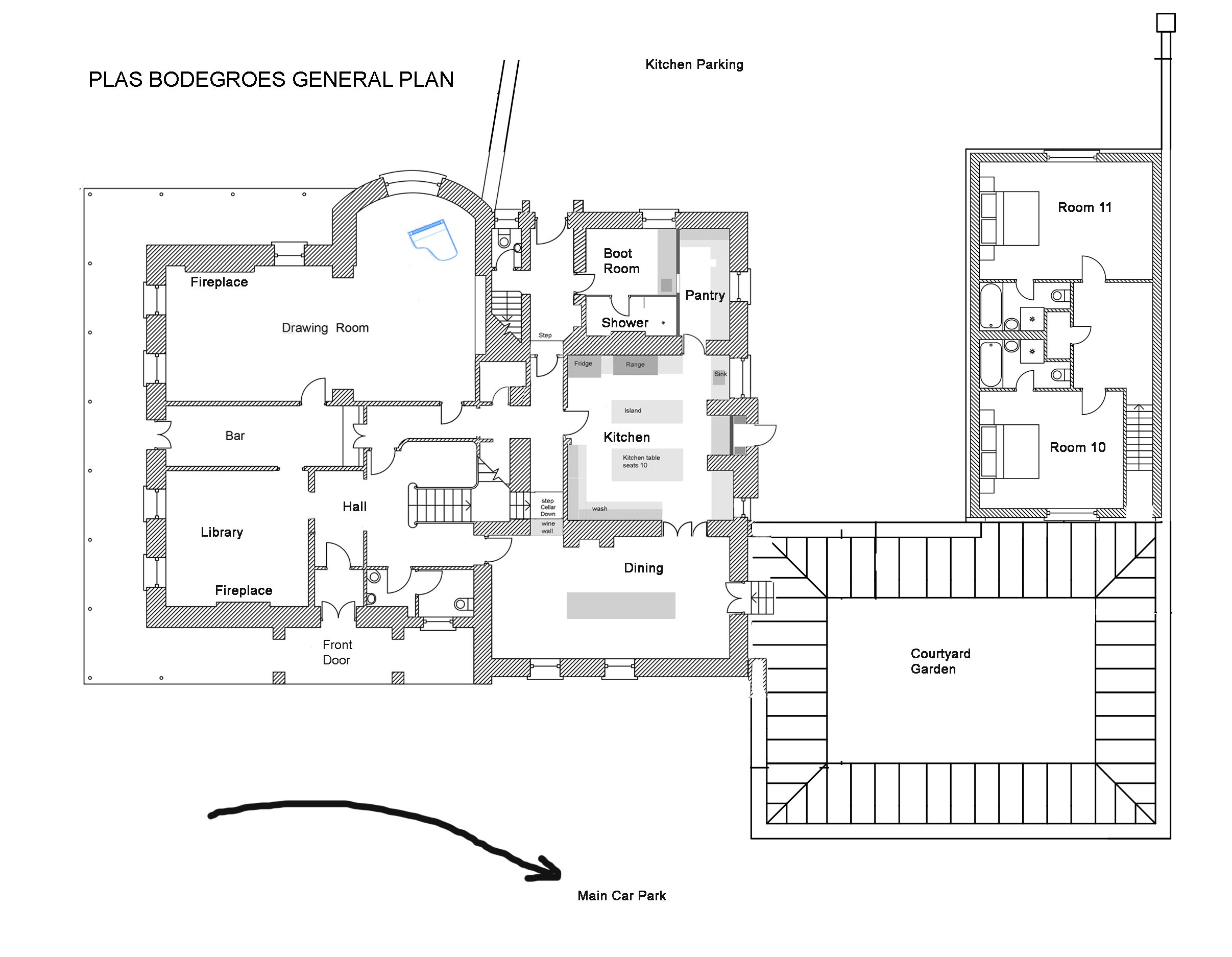 General ground floor plan showing courtyard and annexe 1st floor